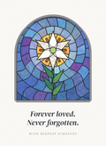 Sympathy card with a stained glass window with a white lily