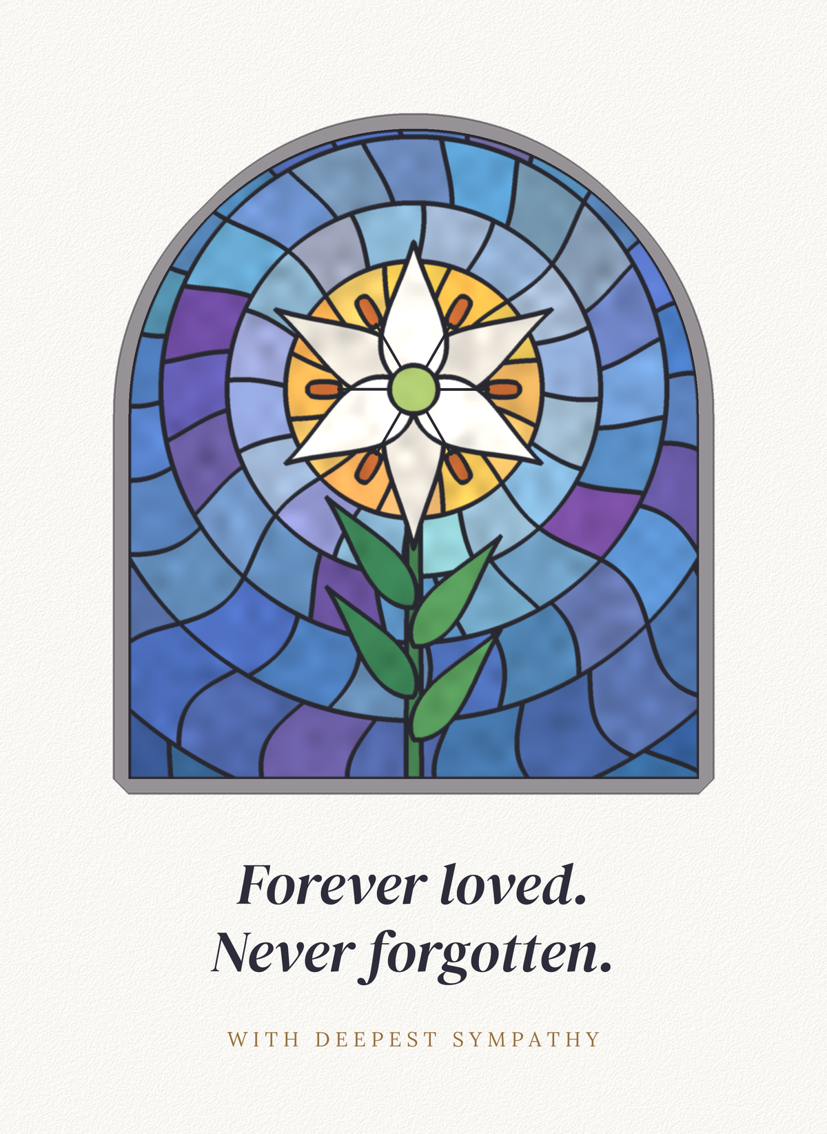 Sympathy card with a stained glass window with a white lily