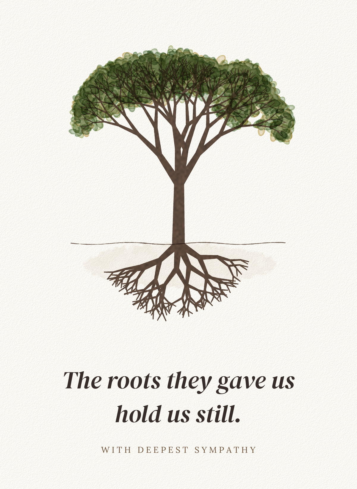 Sympathy card with a tree with deep roots in pen and watercolor