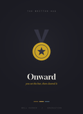 Onward card, a gold medal with a star on charcoal