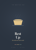 Rest Up card, a warm teacup with rising steam on deep slate