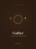 Gather card, a gold place setting seen from above on warm brown