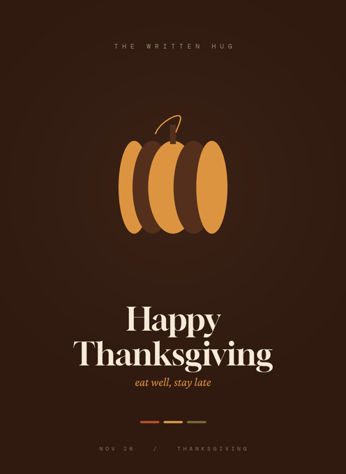 Happy Thanksgiving card, a ribbed gold pumpkin on dark clay