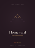 Homeward card, a flock of geometric birds in formation on dusk plum