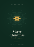Merry Christmas card, a gold north star on deep evergreen