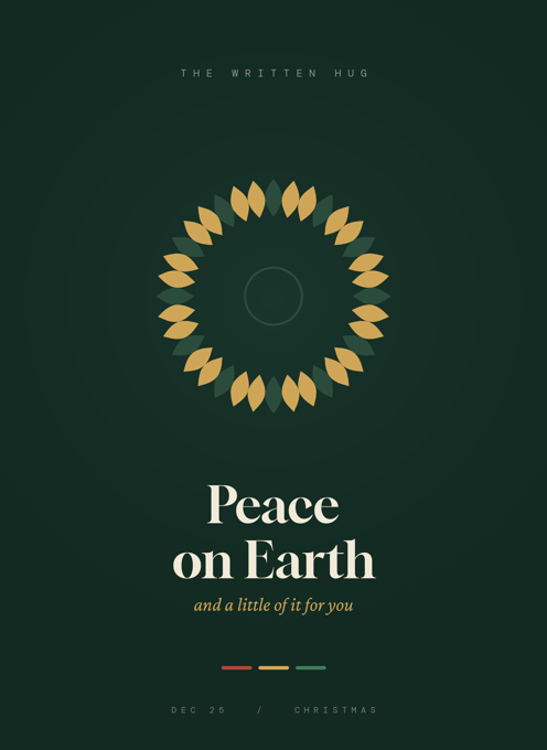 Peace on Earth card, a gold geometric wreath on deep forest green