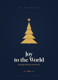 Joy to the World card, a gold geometric tree on midnight blue