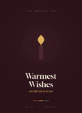 Warmest Wishes card, a gold candle flame ringed with light on deep burgundy