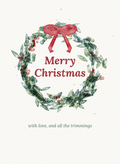Merry Christmas card with a hand-painted watercolor wreath of greenery and red berries tied with a red bow
